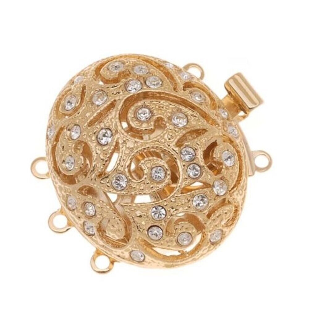 23K Gold Plated Filigree Box Clasp with Swarovski Crystals, 3-Strand (28x19mm)